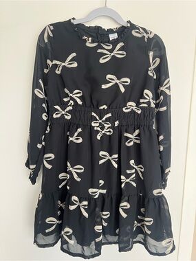 Girls Black Bow Print Long Sleeve Dress